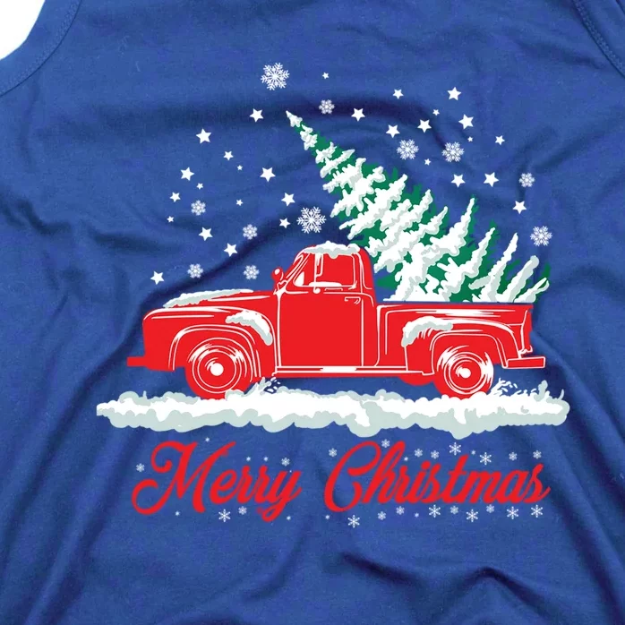 Christmas Tree In Back Of Old Red Pick Up Truck Snowing Cute Gift Tank Top