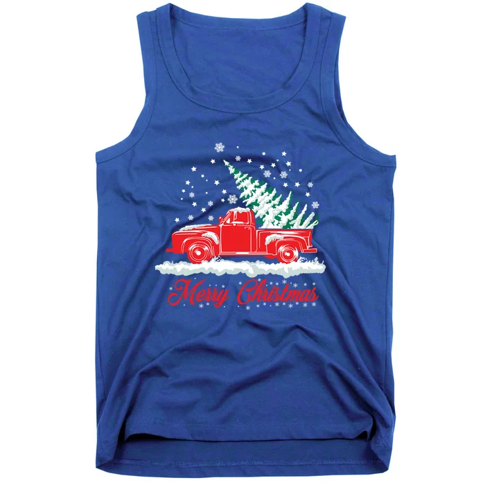 Christmas Tree In Back Of Old Red Pick Up Truck Snowing Cute Gift Tank Top