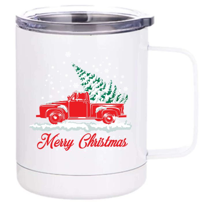 Christmas Tree In Back Of Old Red Pick Up Truck Snowing Cute Gift Front & Back 12oz Stainless Steel Tumbler Cup