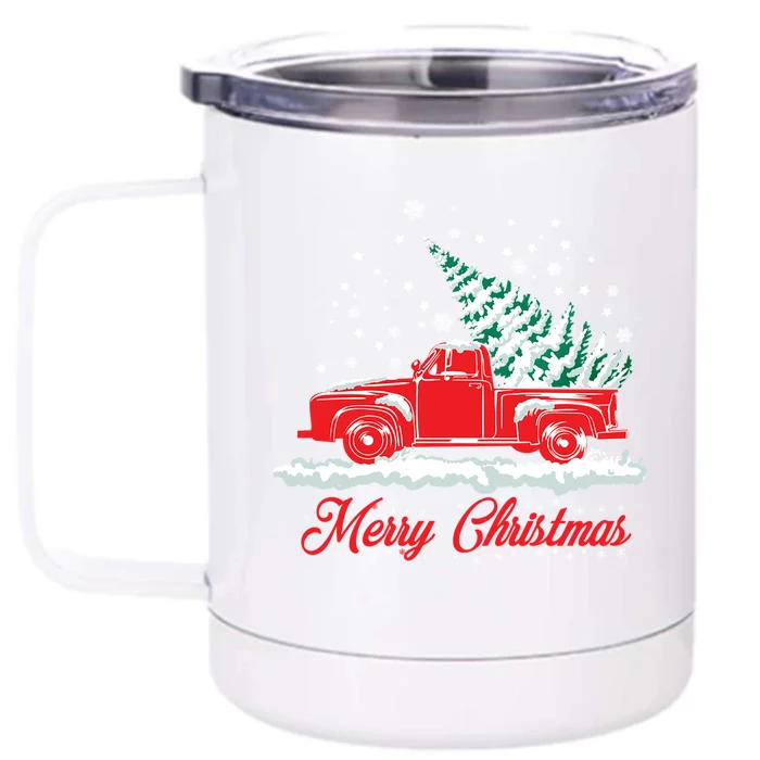 Christmas Tree In Back Of Old Red Pick Up Truck Snowing Cute Gift Front & Back 12oz Stainless Steel Tumbler Cup