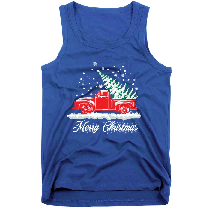 Christmas Tree In Back Of Old Red Pick Up Truck Snowing Funny Gift Tank Top