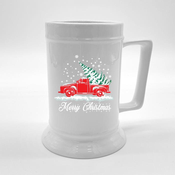 Christmas Tree In Back Of Old Red Pick Up Truck Snowing Funny Gift Front & Back Beer Stein