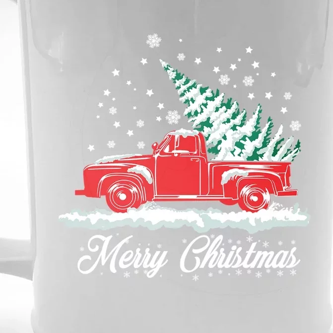 Christmas Tree In Back Of Old Red Pick Up Truck Snowing Funny Gift Front & Back Beer Stein