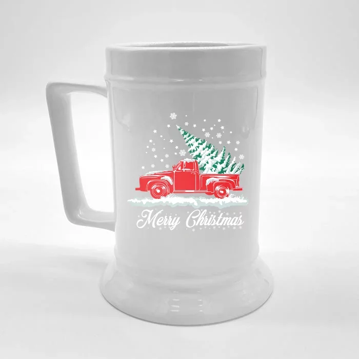 Christmas Tree In Back Of Old Red Pick Up Truck Snowing Funny Gift Front & Back Beer Stein