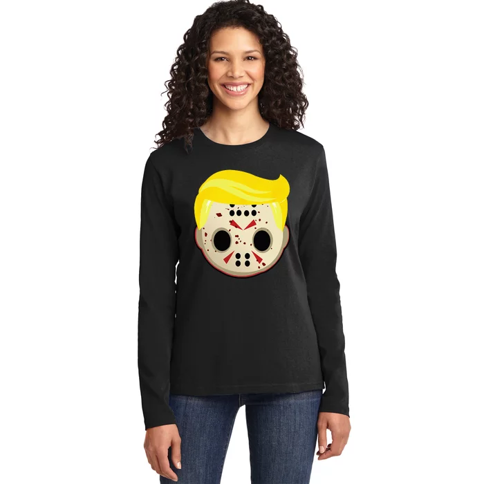 Cute Trump In Hockey Mask Funny Halloween Horror Ladies Long Sleeve Shirt