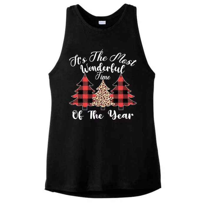 Christmas Trees It's The Most Wonderful Time Of The Year Plaid Leopard Trees Ladies Tri-Blend Wicking Tank