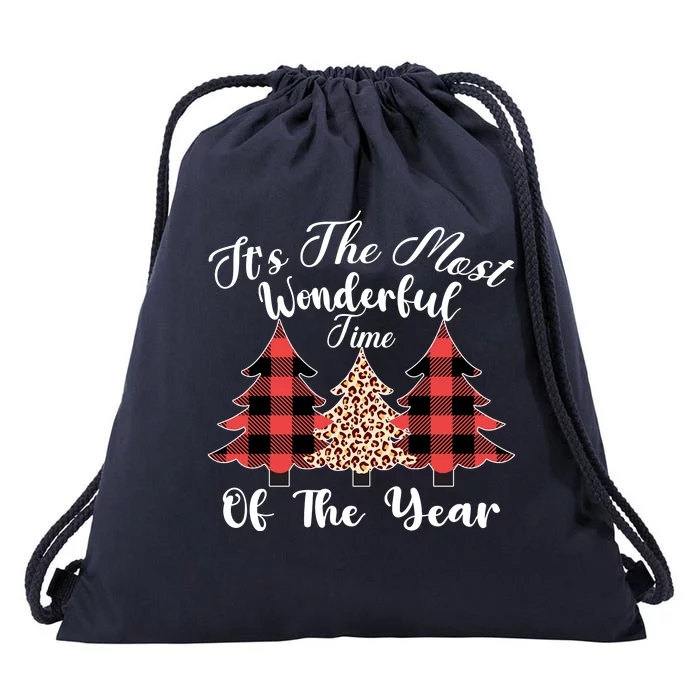 Christmas Trees It's The Most Wonderful Time Of The Year Plaid Leopard Trees Drawstring Bag