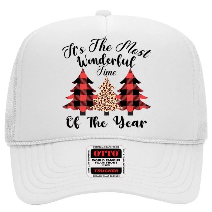 Christmas Trees It's The Most Wonderful Time Of The Year Plaid Leopard Trees High Crown Mesh Trucker Hat