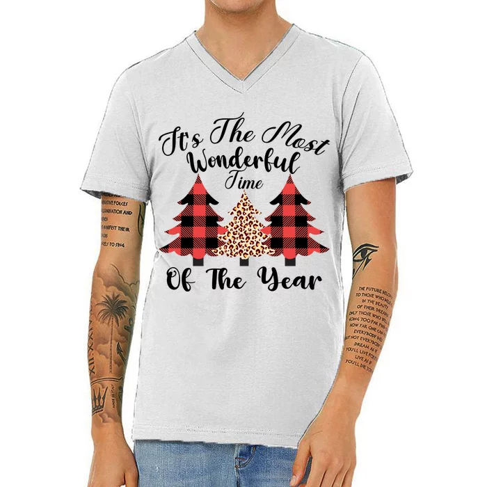 Christmas Trees It's The Most Wonderful Time Of The Year Plaid Leopard Trees V-Neck T-Shirt