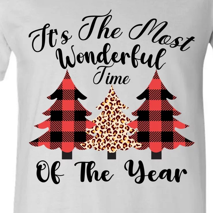 Christmas Trees It's The Most Wonderful Time Of The Year Plaid Leopard Trees V-Neck T-Shirt