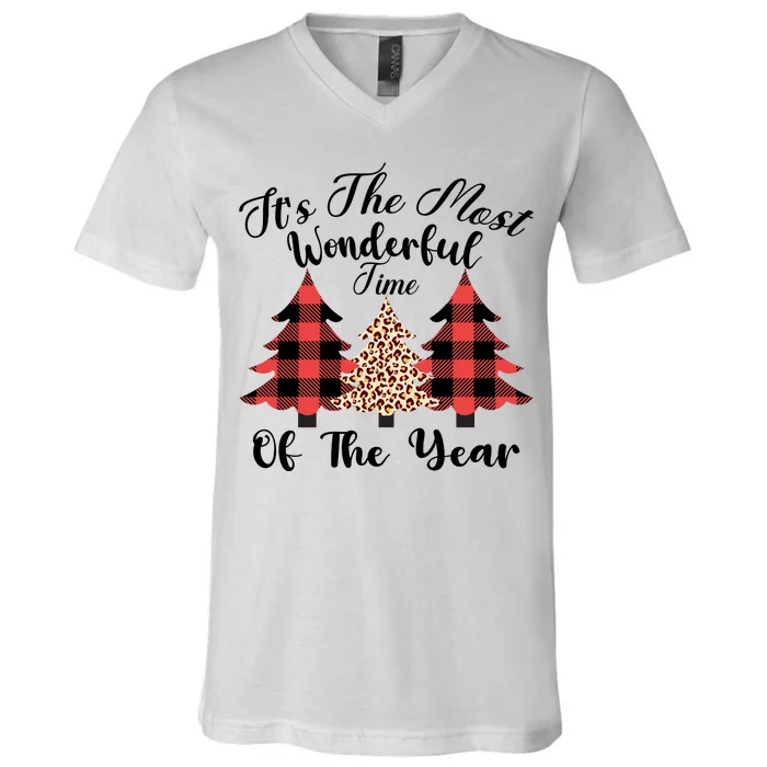 Christmas Trees It's The Most Wonderful Time Of The Year Plaid Leopard Trees V-Neck T-Shirt