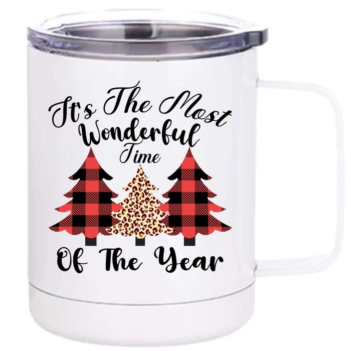 Christmas Trees It's The Most Wonderful Time Of The Year Plaid Leopard Trees Front & Back 12oz Stainless Steel Tumbler Cup