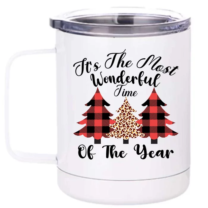 Christmas Trees It's The Most Wonderful Time Of The Year Plaid Leopard Trees Front & Back 12oz Stainless Steel Tumbler Cup