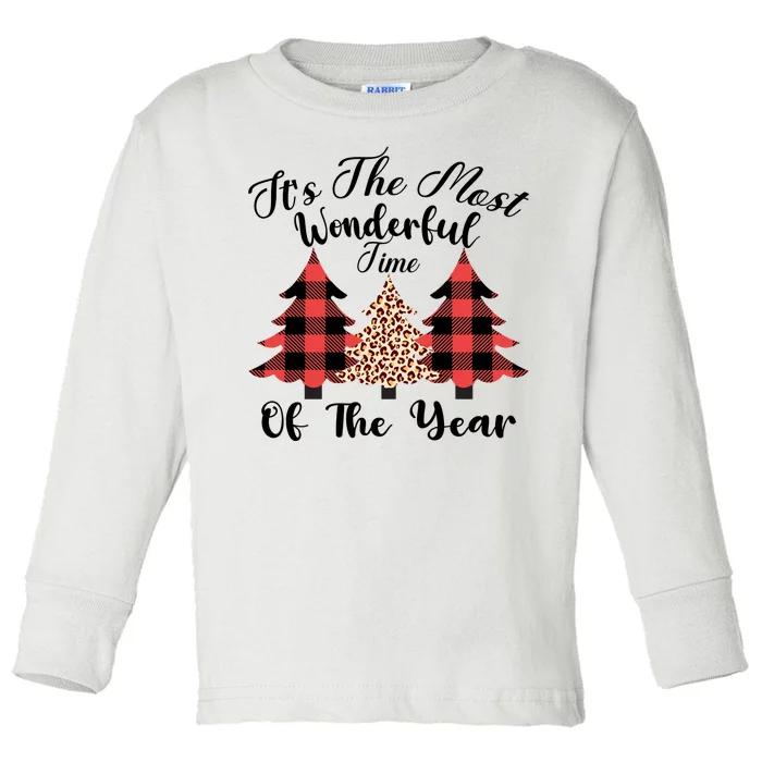 Christmas Trees It's The Most Wonderful Time Of The Year Plaid Leopard Trees Toddler Long Sleeve Shirt