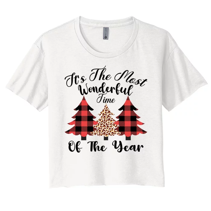 Christmas Trees It's The Most Wonderful Time Of The Year Plaid Leopard Trees Women's Crop Top Tee