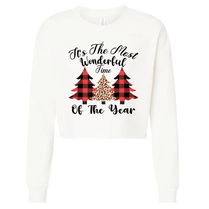 Christmas Trees It's The Most Wonderful Time Of The Year Plaid Leopard Trees Cropped Pullover Crew