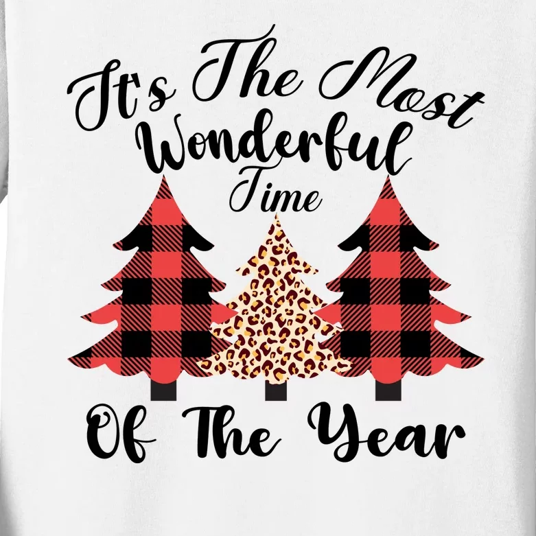 Christmas Trees It's The Most Wonderful Time Of The Year Plaid Leopard Trees Kids Long Sleeve Shirt