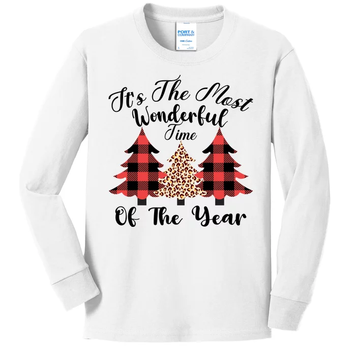 Christmas Trees It's The Most Wonderful Time Of The Year Plaid Leopard Trees Kids Long Sleeve Shirt