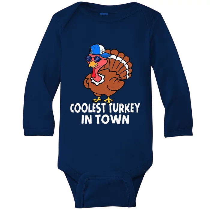 Coolest Turkey In Town Funny Turkey Thanksgiving Baby Long Sleeve Bodysuit