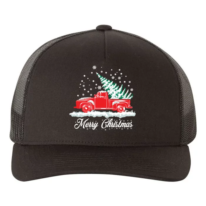 Christmas Tree In Back Of Old Red Pick Up Truck Snowing Yupoong Adult 5-Panel Trucker Hat