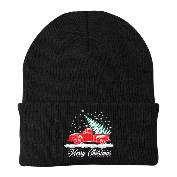 Christmas Tree In Back Of Old Red Pick Up Truck Snowing Knit Cap Winter Beanie