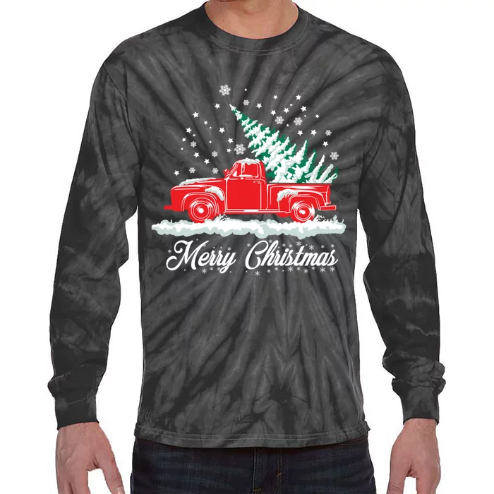 Christmas Tree In Back Of Old Red Pick Up Truck Snowing Tie-Dye Long Sleeve Shirt