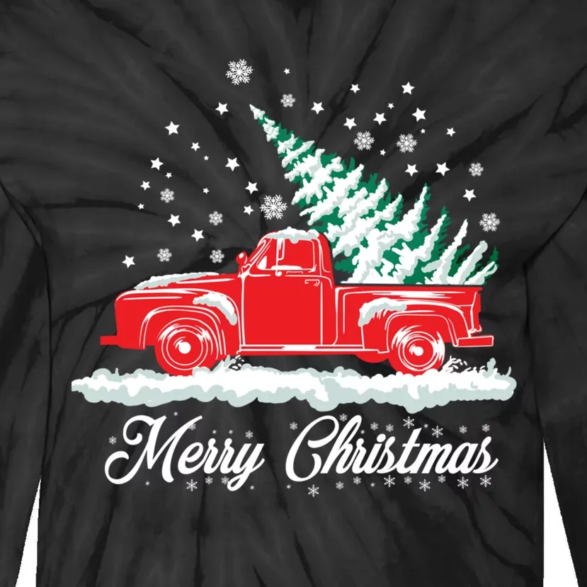 Christmas Tree In Back Of Old Red Pick Up Truck Snowing Tie-Dye Long Sleeve Shirt