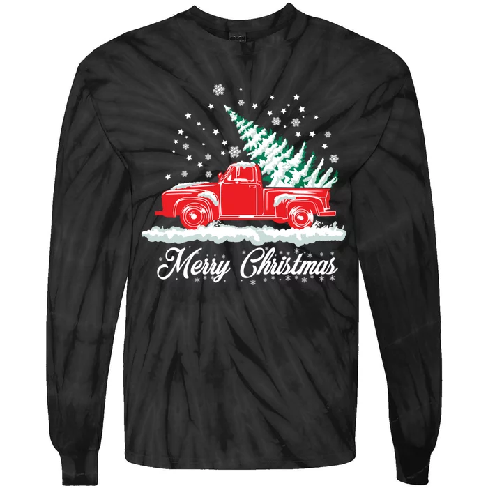 Christmas Tree In Back Of Old Red Pick Up Truck Snowing Tie-Dye Long Sleeve Shirt