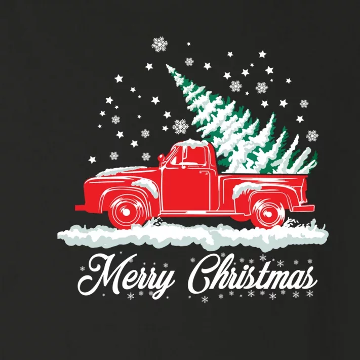 Christmas Tree In Back Of Old Red Pick Up Truck Snowing Toddler Long Sleeve Shirt