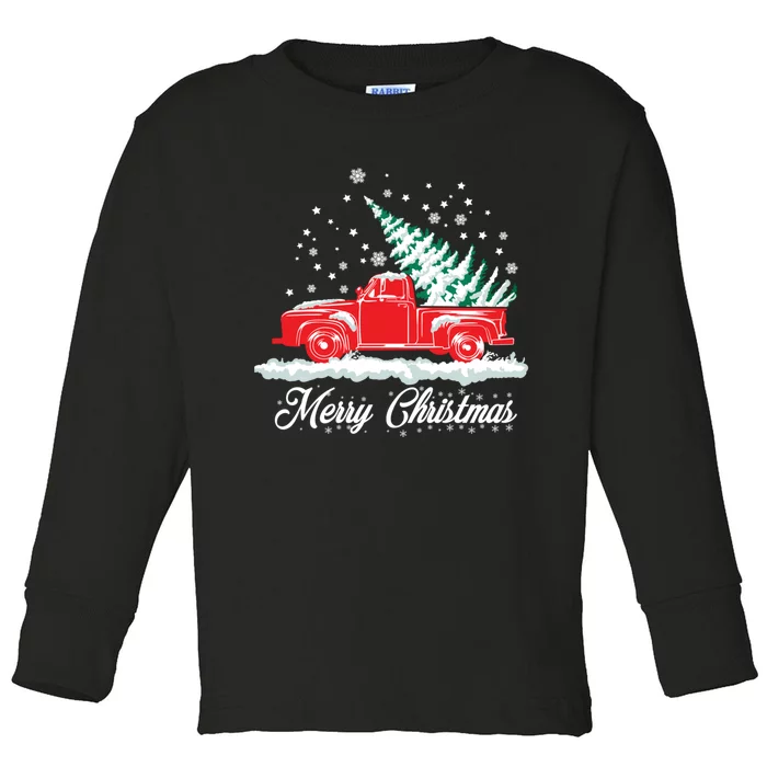 Christmas Tree In Back Of Old Red Pick Up Truck Snowing Toddler Long Sleeve Shirt