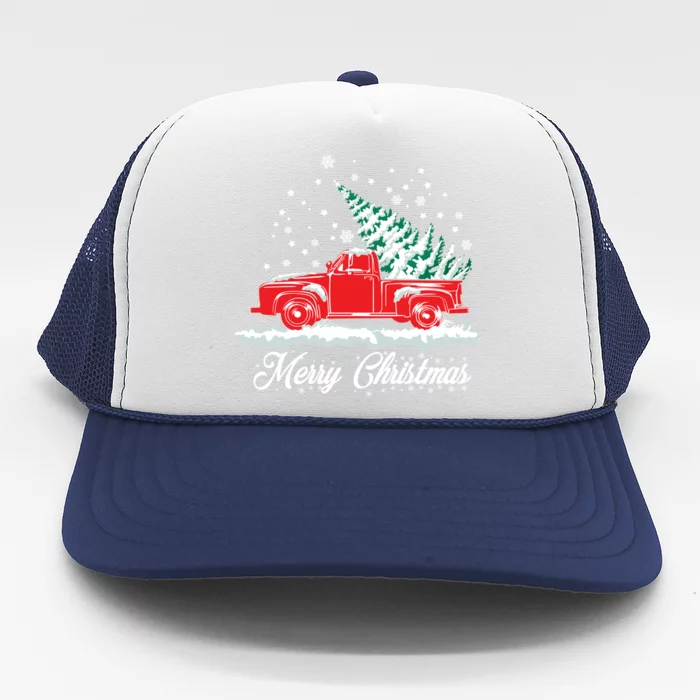 Christmas Tree In Back Of Old Red Pick Up Truck Snowing Trucker Hat