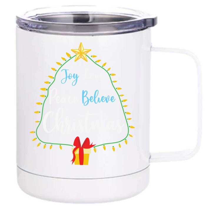 Christmas Tree Joy Love Peace Believe Funny Party Holiday Cool Gift Front & Back 12oz Stainless Steel Tumbler Cup