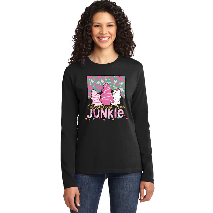 Christmas Tree Junkie Cake Pink Ladies Long Sleeve Shirt