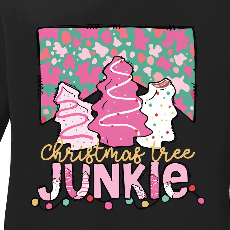 Christmas Tree Junkie Cake Pink Ladies Long Sleeve Shirt