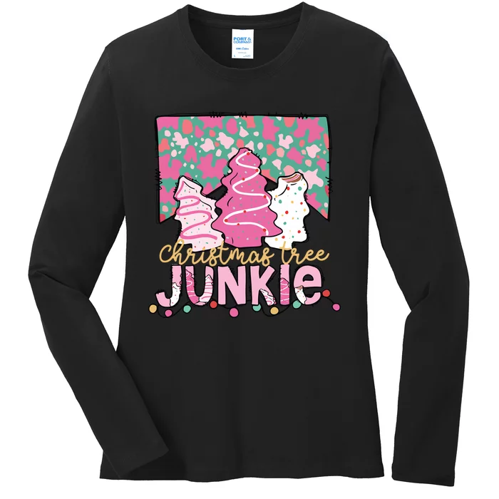 Christmas Tree Junkie Cake Pink Ladies Long Sleeve Shirt