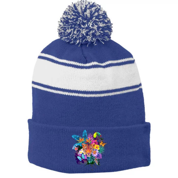 Colorful Tropical Jungle Animals Stripe Pom Pom Beanie