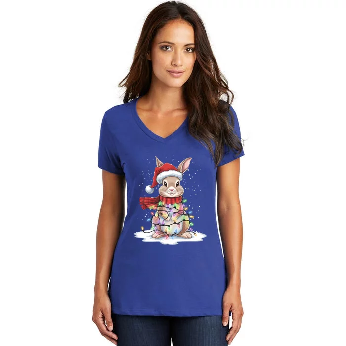 Christmas Tree Lights Rabbit Santa Hat Holiday Xmas Gift Women's V-Neck T-Shirt