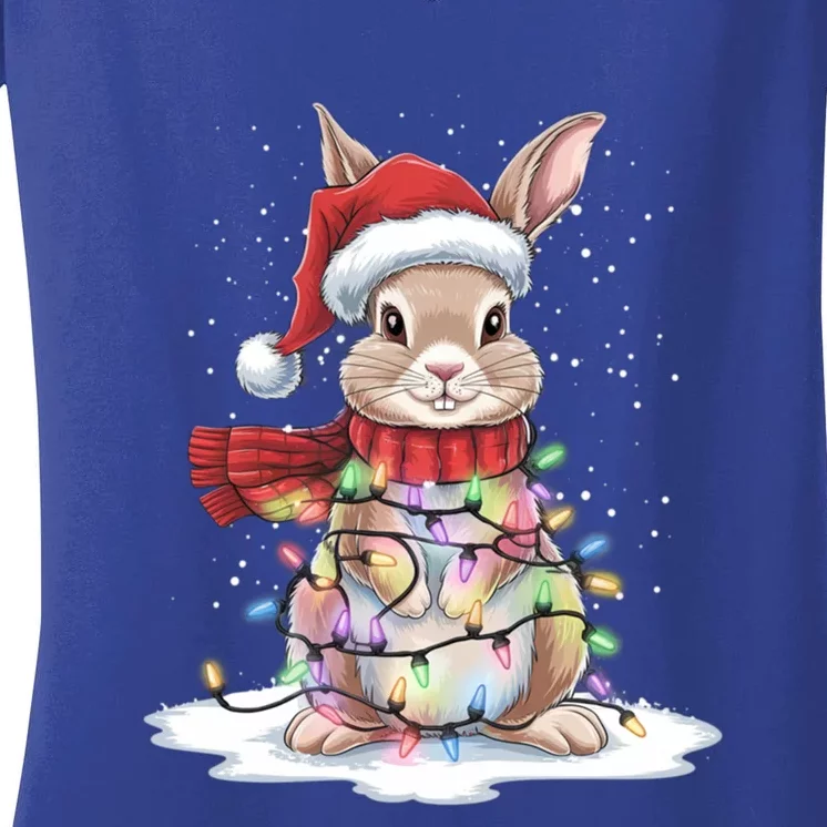 Christmas Tree Lights Rabbit Santa Hat Holiday Xmas Gift Women's V-Neck T-Shirt