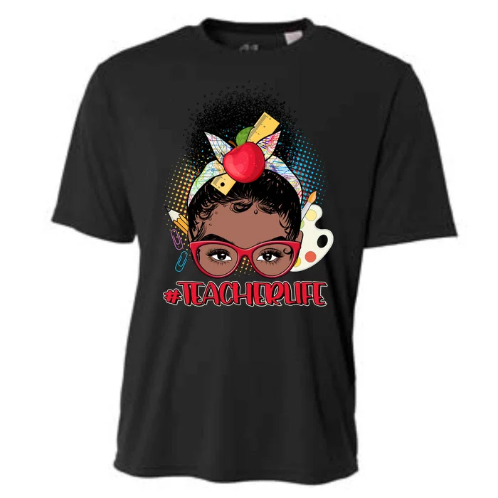 Cute #Teacher Life Afro Puff Bun Teacher Cooling Performance Crew T-Shirt