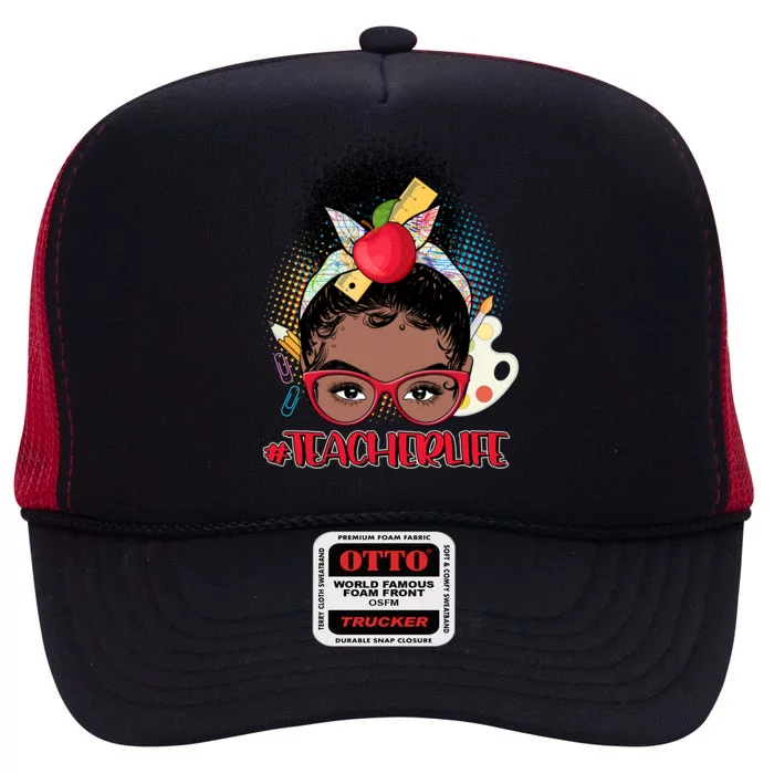 Cute #Teacher Life Afro Puff Bun Teacher High Crown Mesh Trucker Hat