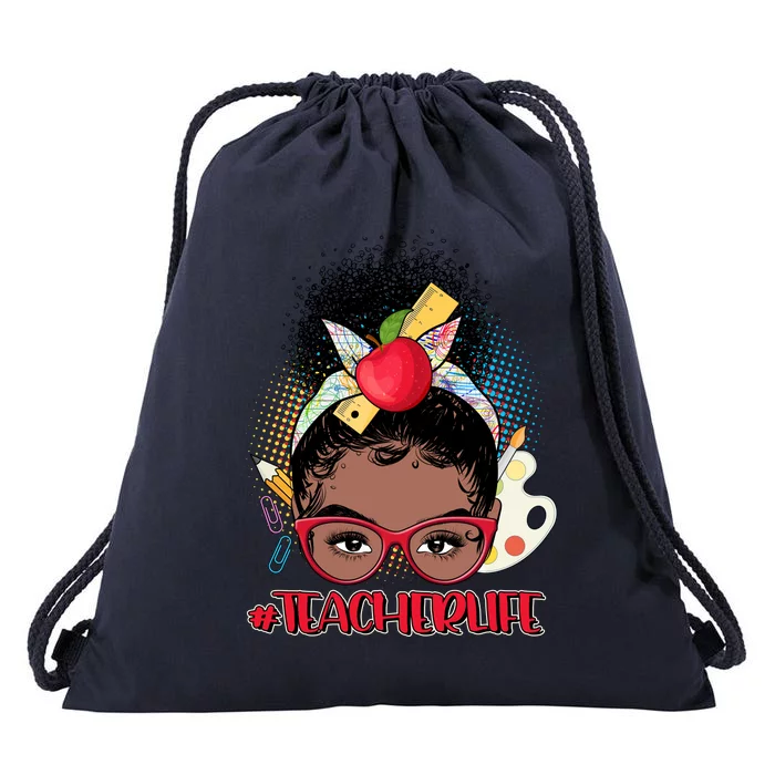 Cute #Teacher Life Afro Puff Bun Teacher Drawstring Bag