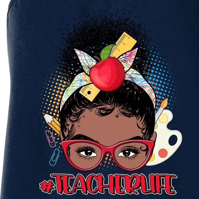 Cute #Teacher Life Afro Puff Bun Teacher Women's Racerback Tank