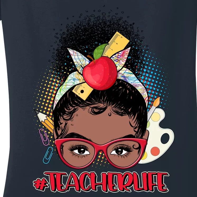 Cute #Teacher Life Afro Puff Bun Teacher Women's V-Neck T-Shirt