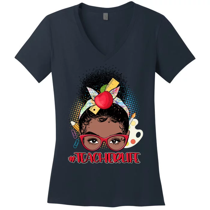 Cute #Teacher Life Afro Puff Bun Teacher Women's V-Neck T-Shirt