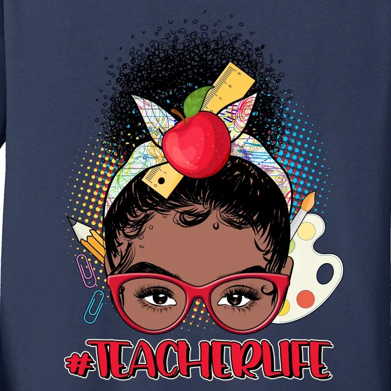 Cute #Teacher Life Afro Puff Bun Teacher Kids Long Sleeve Shirt