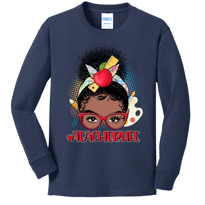 Cute #Teacher Life Afro Puff Bun Teacher Kids Long Sleeve Shirt