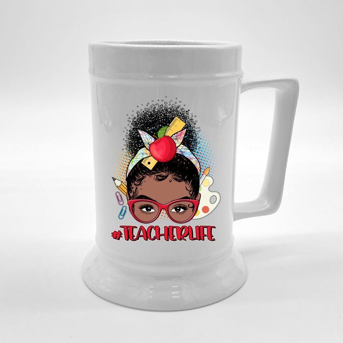 Cute #Teacher Life Afro Puff Bun Teacher Front & Back Beer Stein