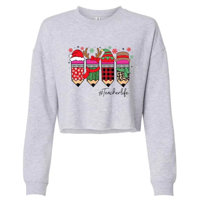 Cute Teacher Life Christmas Pencils Cropped Pullover Crew