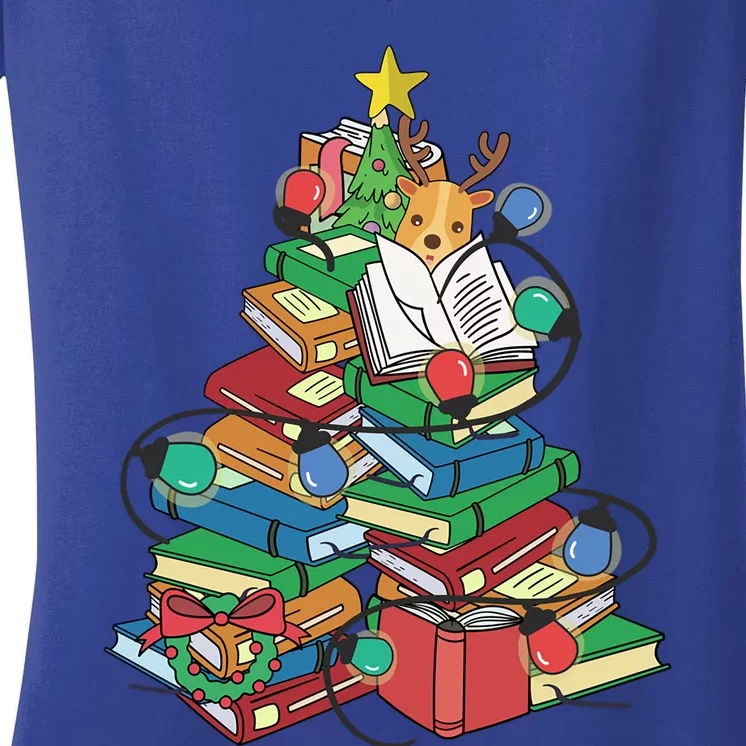 Christmas Tree Library Xmas Lights Tree Book Lover Librarian Meaningful Gift Women's V-Neck T-Shirt