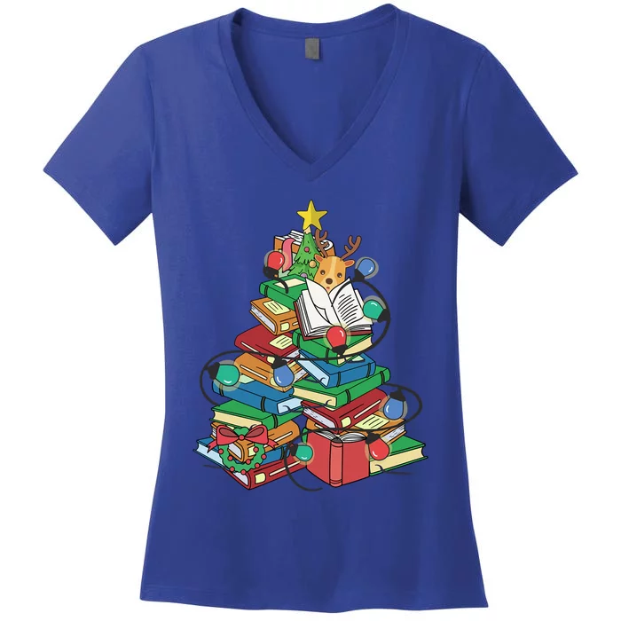 Christmas Tree Library Xmas Lights Tree Book Lover Librarian Meaningful Gift Women's V-Neck T-Shirt